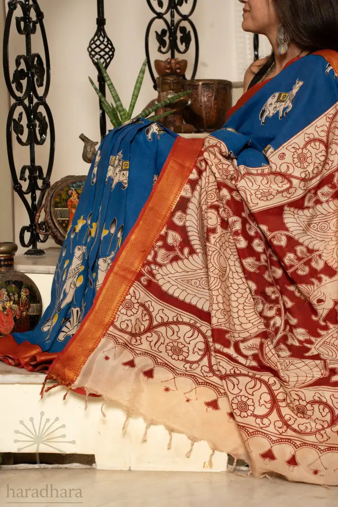 Blue Pastoral Aura Kalamkari Sarees