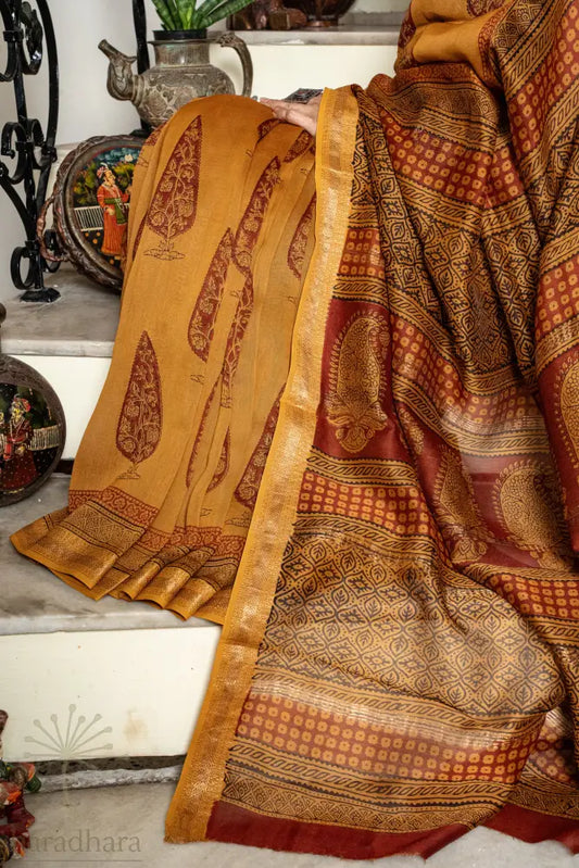 Mustard Maroon Symphony Maheshwari Sarees