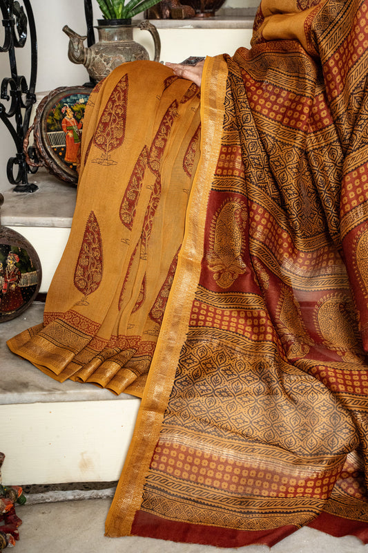 Mustard Maroon Symphony Maheshwari Sarees