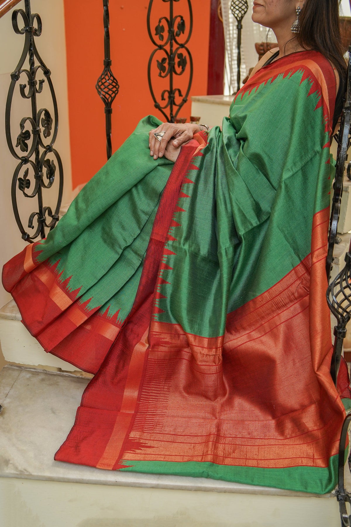 Green with Ember Raw Silk Sarees