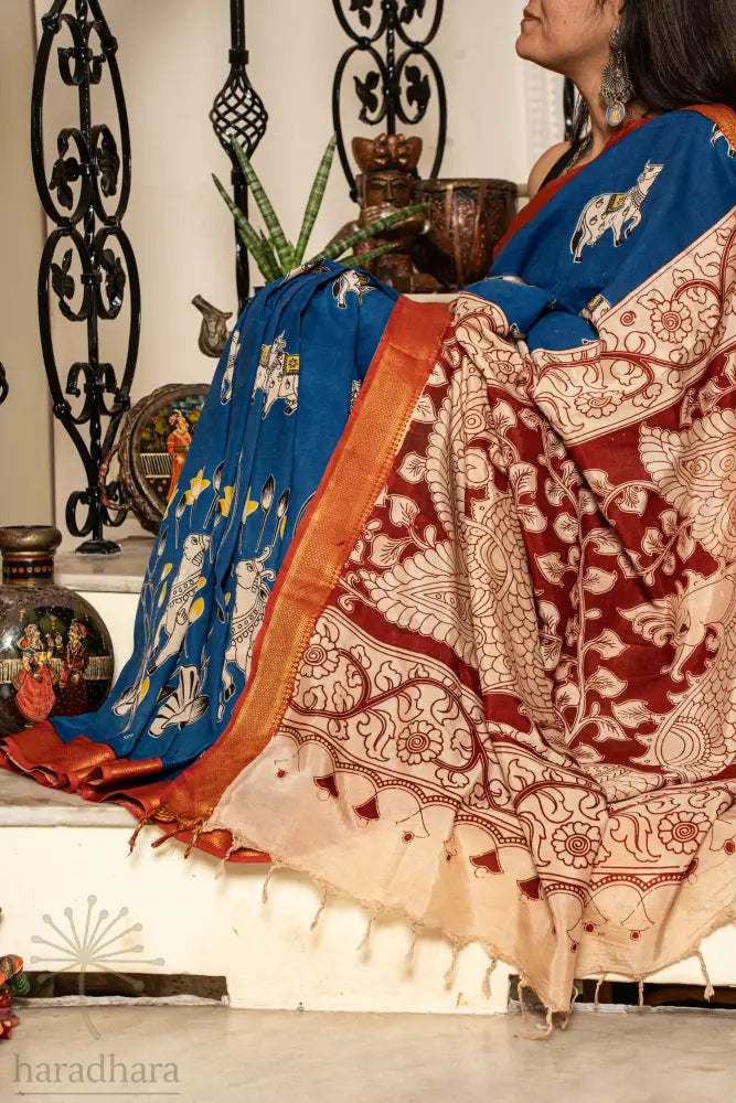 Blue Pastoral Aura Kalamkari Sarees