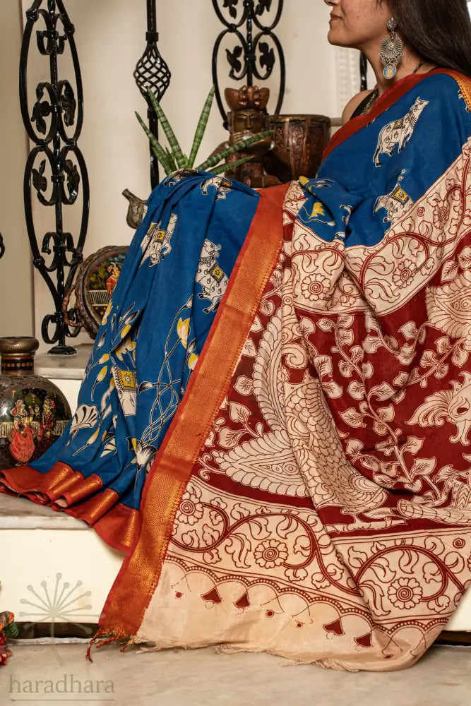 Blue Pastoral Aura Kalamkari Sarees