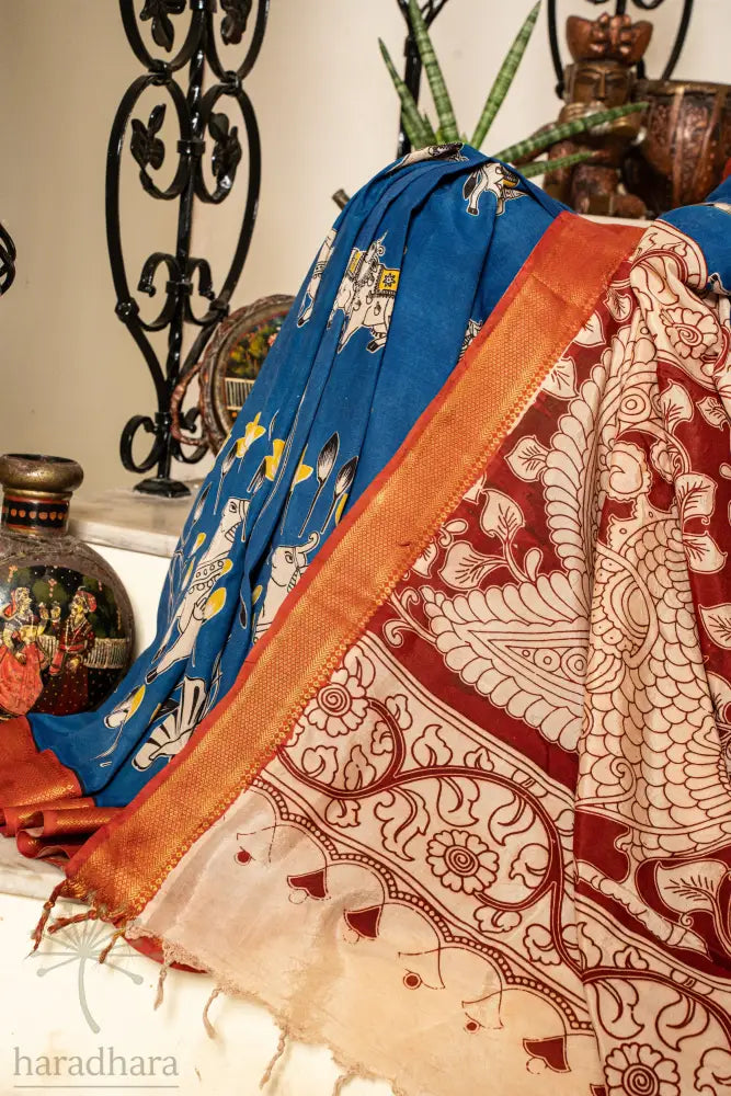 Blue Pastoral Aura Kalamkari Sarees