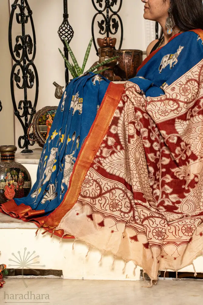 Blue Pastoral Aura Kalamkari Sarees