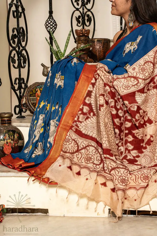 Blue Pastoral Aura Kalamkari Sarees
