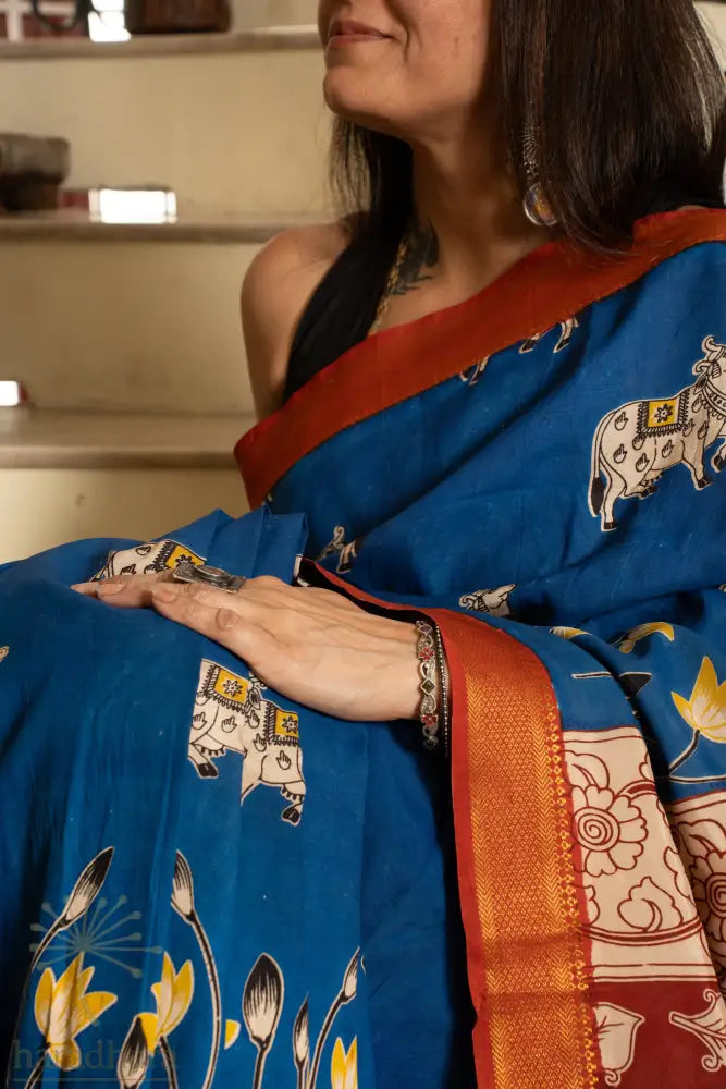 Blue Pastoral Aura Kalamkari Sarees