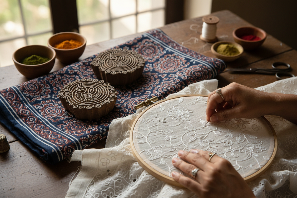 Close-up photograph of hands working on Indian hand embroidery, Chikankari stitches, Ajrakh printed fabric, wooden printing blocks, natural dyes, artisan workspace, documentary style, luxury craft brand aesthetic