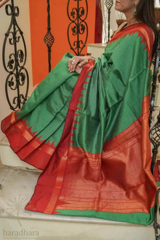 Green with Ember Raw Silk Sarees