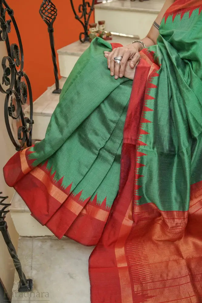 Green with Ember Raw Silk Sarees