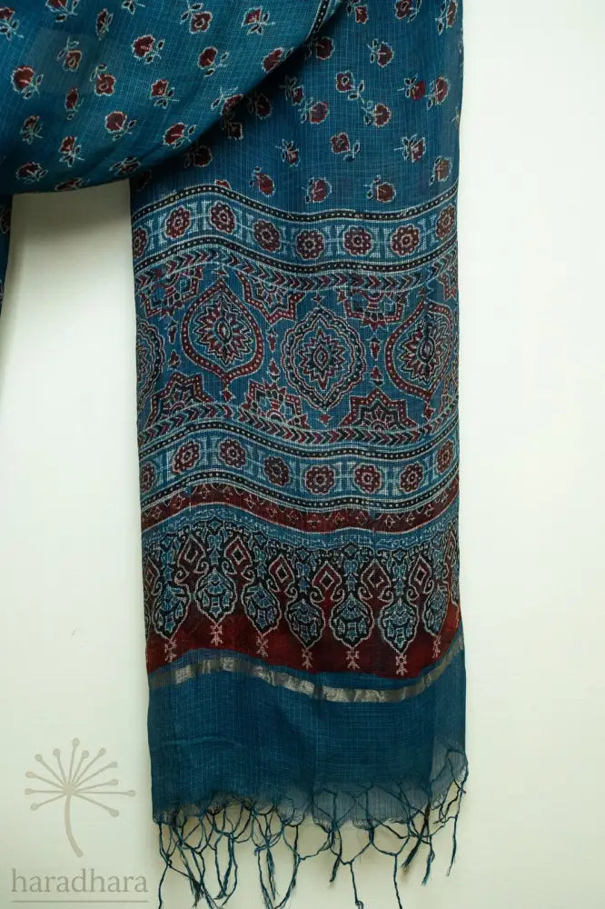 Maroon Blooms on Indigo Sky Ajrakh Dupattas