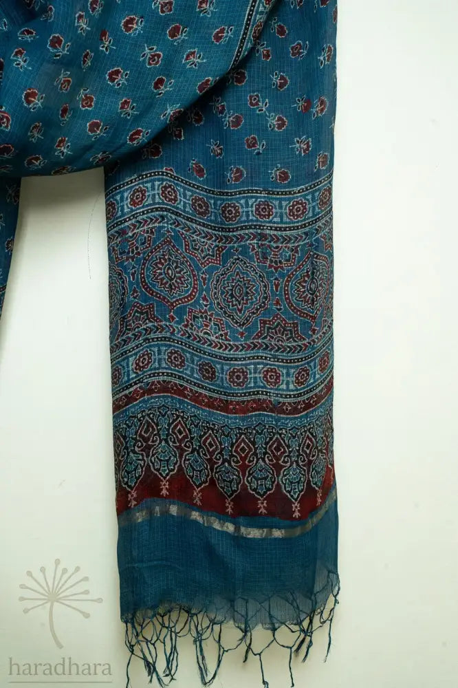 Maroon Blooms on Indigo Sky Ajrakh Dupattas