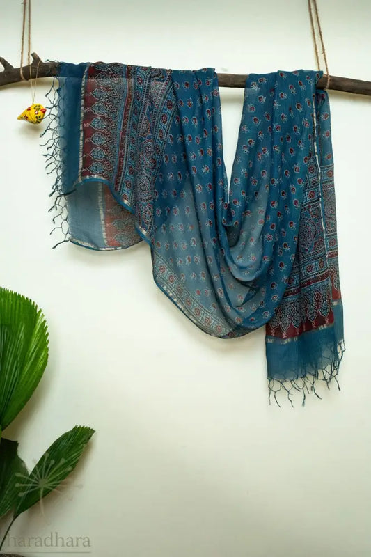 Maroon Blooms on Indigo Sky Ajrakh Dupattas